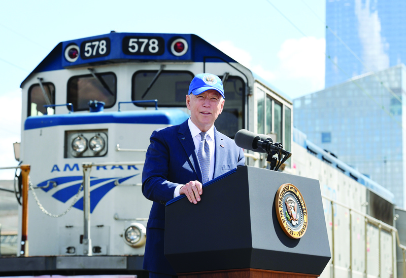 PHILADELPHIA: US President Joe Biden delivers remarks at an event marking Amtrak’s 50th Anniversary in Philadelphia. Democrats rescued Biden’s faltering domestic agenda Friday, passing a giant infrastructure package that is one of the pillars of his $3 trillion economic vision.—AFPn