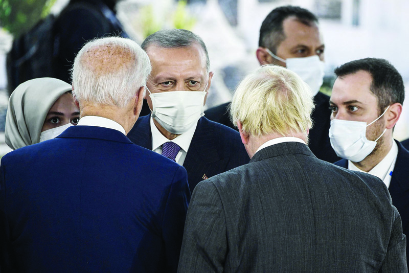 ROME: Turkish President Recep Tayyip Erdogan (center) speaks with US President Joe Biden (2nd left) and British Prime Minister Boris Johnson (2nd right) during the G20 leaders' summit in Rome on October 30, 2021. – AFP n