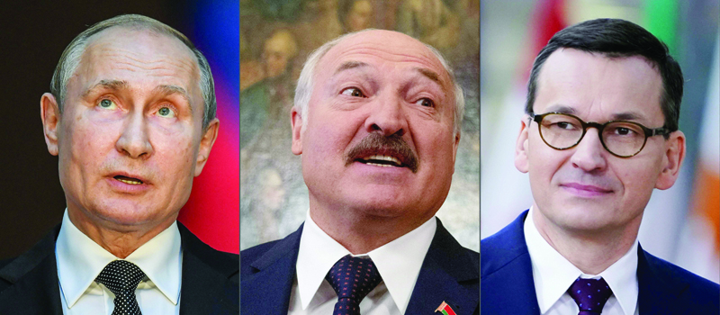 BERLIN: This combination created on November 10, 2021 of file pictures shows (L-R) Russian President Vladimir Putin (on July 4, 2019 in Rome), the President of Belarus Alexander Lukashenko (on November 12, 2019 in Vienna) and Poland's Prime Minister Mateusz Morawiecki (on February 20, 2020 in Brussels). Poland said it had seen a surge in attempts to breach its border and had pushed back hundreds of migrants to Belarus. - AFPnn
