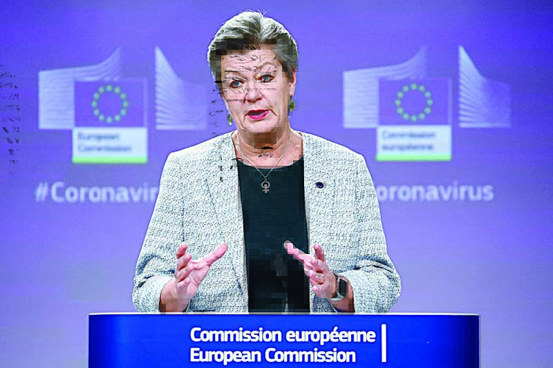 BRUSELS: European Union commissioner for Home Affairs Ylva Johansson speaks during a press conference on travelling from outside the EU during the COVID-19 pandemic at the EU headquarters in Brussels yesterday.-AFPn
