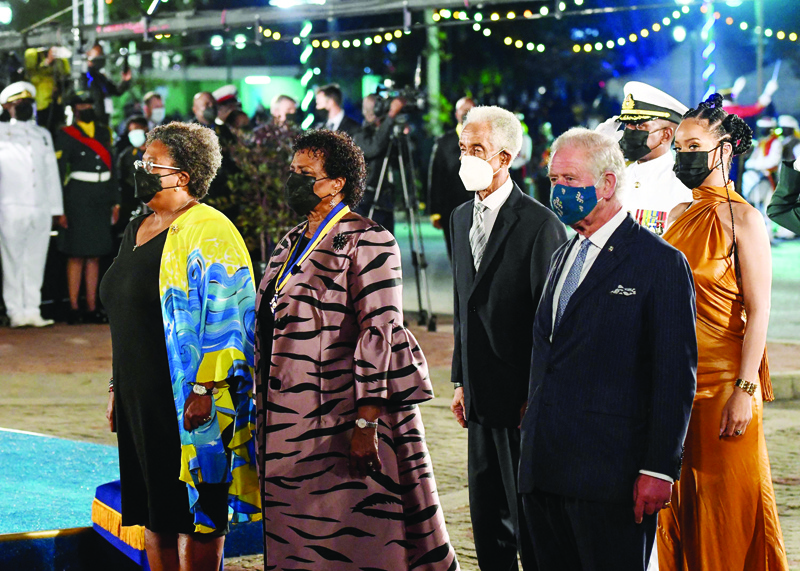 BRIDGETOWN, Barbados: Prime Minister Mia Amor Mottley (L), President of Barbados Dame Sandra Mason (2nd L), National Hero Sir Garfield Sobers (C), Charles, Prince of Wales (3rd R) and Rihanna (R) look on during the Three Cheers to Barbados at the ceremony to declare Barbados a Republic and the Inauguration of the President of Barbados at Heroes Square in Bridgetown. - AFPnn