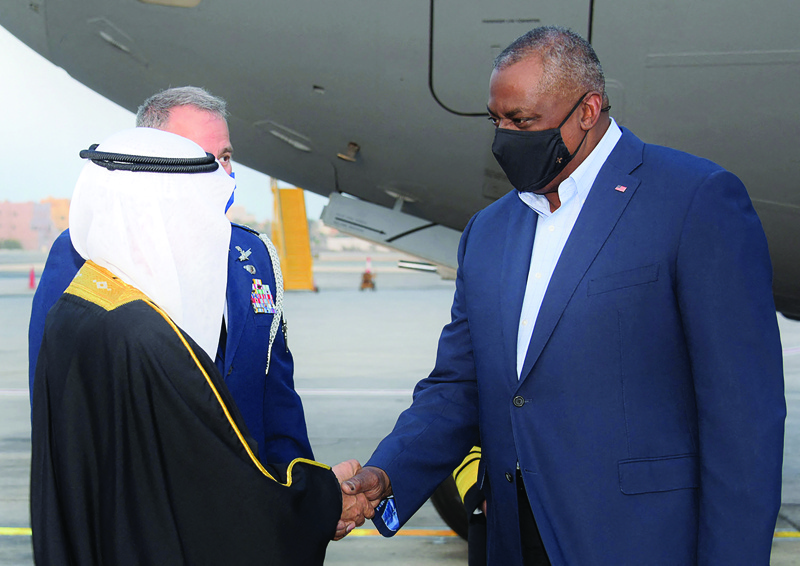 MANAMA: Bahrain's Minister for Defense Affairs Abdulla bin Hasan Al-Nuaimi receives the US Secretary of Defense Lloyd Austin in Manama. - AFP n