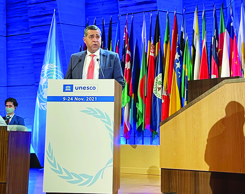 PARIS: Kuwait's Permanent Representative to UNESCO Dr Adam Al-Mulla delivers a speech at the 41st UNESCO conference. - KUNAn