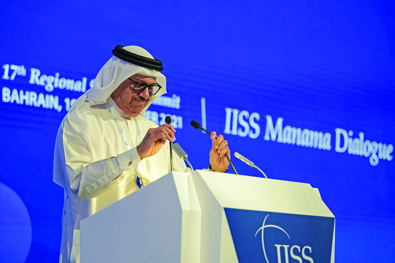 Abdullatif bin Rashid Al-Zayani, Bahrain's Minister of Foreign Affairs, prepares to speak during the 17th IISS Manama Dialogue in the Bahraini capital Manama on November 20, 2021. - The three-day long Manama security conference is set to discuss pressing security challenges in the Middle East with over 300 participating senior government officials from 40 countries, including the US, Europe, the Middle East, Africa, and Asia. (Photo by Mazen Mahdi / AFP)