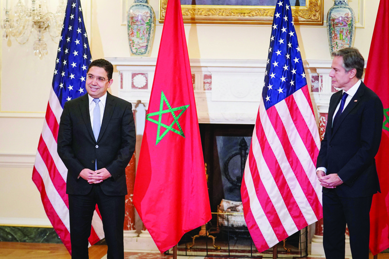 WASHINGTON: US Secretary of State Antony Blinken and Morocco's Foreign Minister Nasser Bourita (L) stand side by side as they address the media at the State Department in Washington. - AFPnn