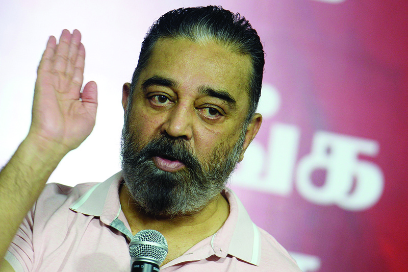 In this file photo Indian cinema actor and founder of 'Makkal Needhi Mayyam' party Kamal Haasan speaks during a media conference in Chennai.—AFP n