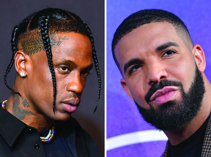 This combination of file pictures shows (left) US rapper Travis Scott arriving for the 2021 MTV Video Music Awards at Barclays Center and (right) US rapper Drake attending the Los Angeles premiere of the new HBO series “Euphoria”.—AFP  n