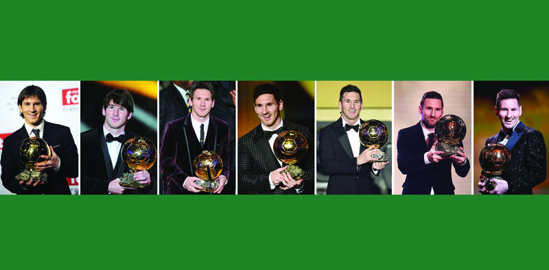 PARIS: This combination of file photographs created shows Barcelona's Argentinian forward Lionel Messi reacting as he receives his seven Ballon d'Or football awards (from left) for the years 2009, 2010, 2011, 2012, 2015, 2019 and 2021. - AFPn