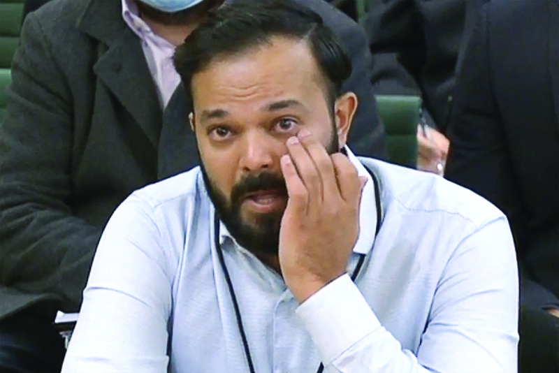 LONDON: A video grab from footage broadcast by the UK Parliament's Parliamentary Recording Unit (PRU) shows former Yorkshire cricketer Azeem Rafiq fighting back tears while testifying in front of a Digital, Culture, Media and Sport (DCMS) Committee in London yesterday as MPs probe racial harassment at the club. - AFPn