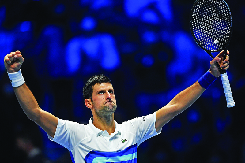 TURIN: Serbia's Novak Djokovic celebrates after defeating Russia's Andrey Rublev during their first round singles match of the ATP Finals at the Pala Alpitour venue in Turin on Wednesday. – AFPn