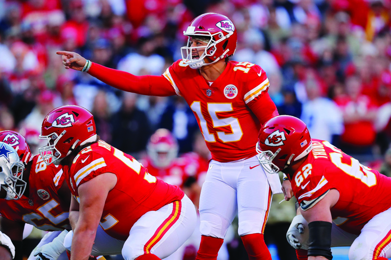 KANSAS CITY: Patrick Mahomes #15 of the Kansas City Chiefs points to the defense before the snap during the first quarter of the game against the Dallas Cowboys at Arrowhead Stadium on Sunday in Kansas City, Missouri. - AFPn