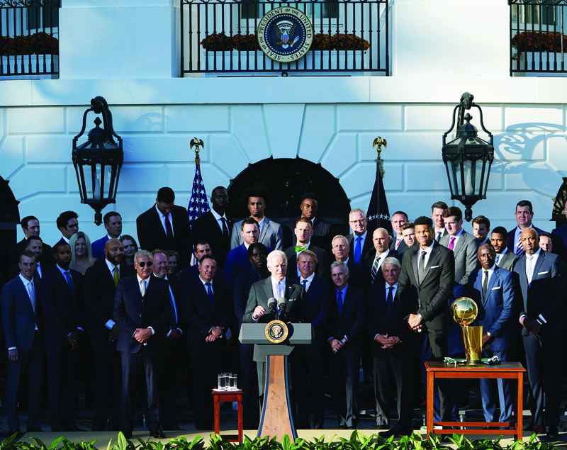 WASHINGTON: US President Joe Biden speaks during an event honoring the 2021 NBA Championship Milwaukee Bucks on the South Lawn of the White House in Washington, DC on Monday. - AFPn