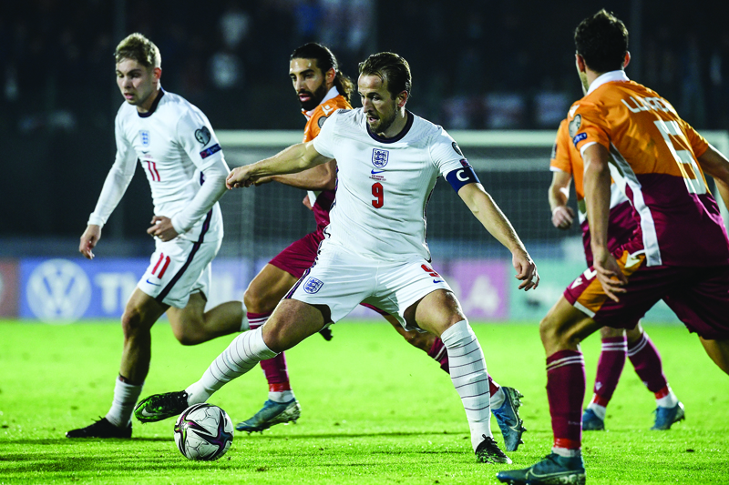 SERRAVALLE: England's forward Harry Kane controls the ball during the FIFA World Cup Qatar 2022 qualification Group I football match between San Marino and England on Monday at Olympic stadium in Serravalle, San Marino. - AFPn