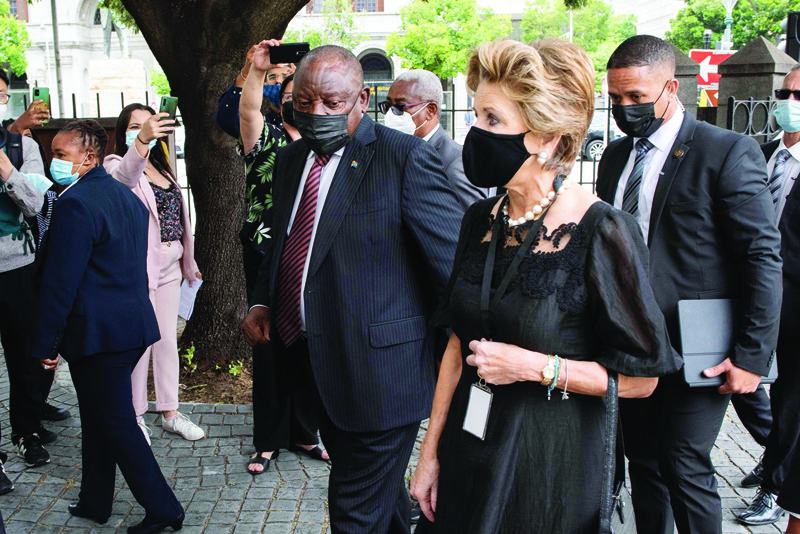 CAPE TOWN: Elita Georgiades (R), wife of former South African President FW de Klerk, greets South African President Cyril Ramaphosa, at de Klerk's state memorial service at the Groote Kerk church in Cape Town yesterday. - AFPnnnn