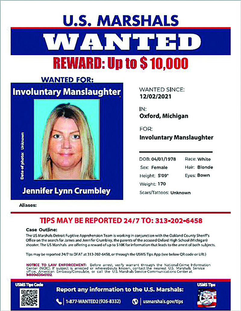UNDEFINED: This handout image released by the US Marshals via Twitter on December 3, 2021 shows a wanted poster for Jennifer Crumbley. - AFPnn