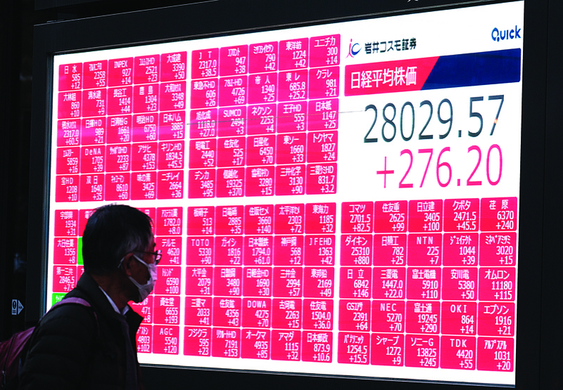 TOKYO: A pedestrian walks past an electronic quotation board displaying the closing share prices of the Tokyo Stock Exchange in Tokyo on Friday. - AFPnn