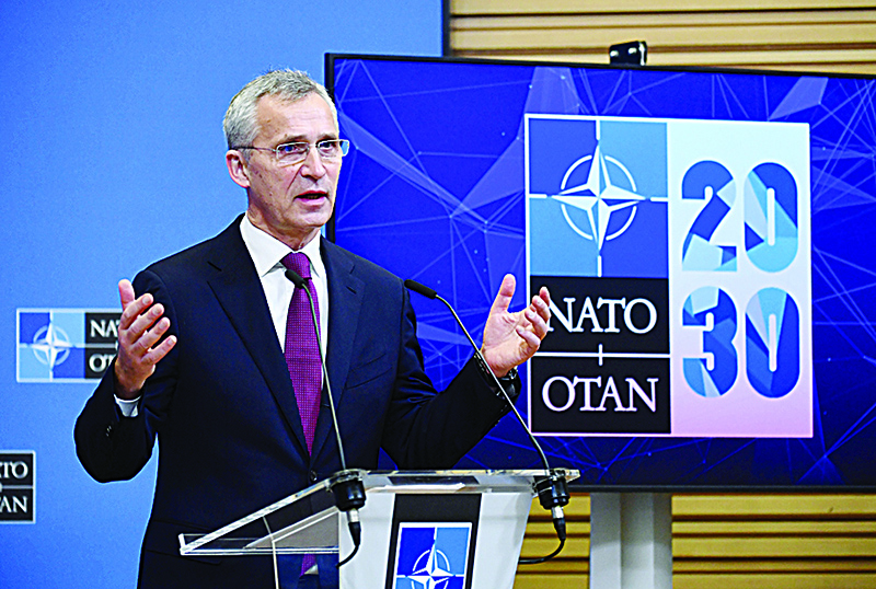 BRUSSELS: NATO Secretary General Jens Stoltenberg talks during a press conference with Ukrainian Foreign minister after their bilateral meeting at the European Union headquarters in Brussels yesterday. —AFP
