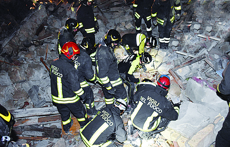 RAVANUSA, Italy: This handout picture taken by Italian Firefighters (Vigili del Fuoco) yesterday shows a four-storey apartment building collapsed following a gas explosion, in Ravanusa yesterday. - AFPnnn