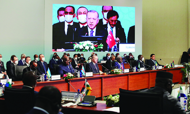 ISTANBUL: Turkish President Recep Tayyip Erdogan gives a speech as he attends the official opening session of the 3rd Turkey-Africa Partnership Summit yesterday. — AFP