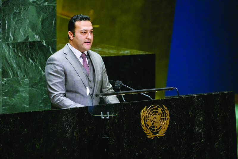 NEW YORK: Kuwaiti permanent delegation to the UN headquarters in New York Faisal Al-Enezi delivers a speech to a UN General Assembly session on the culture of peace late Monday. - KUNAn