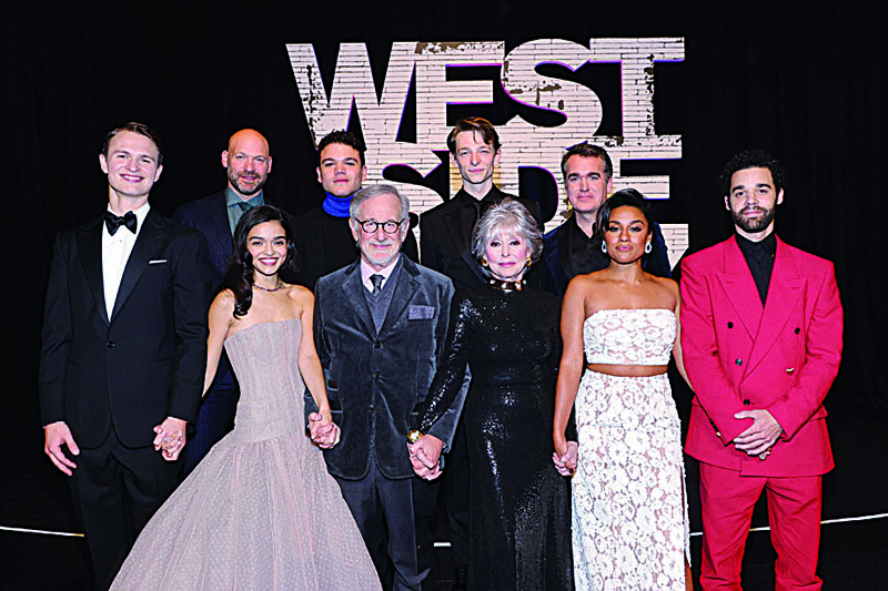 In this file photo (From left) Ansel Elgort, Corey Stoll, Rachel Zegler, Josh Andres Rivera, Steven Spielberg, Mike Faist, Rita Moreno, Brian d'Arcy James, Ariana DeBose, and David Alvarez attend the New York premiere of West Side Story in New York City. -AFPn