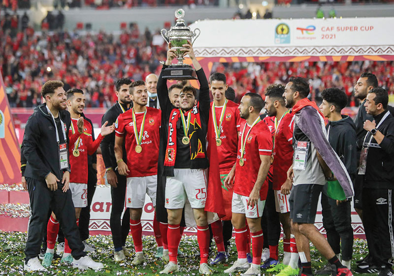 AL-RAYYAN, Qatar: Ahly players celebrate winning the CAF Super Cup football match between Egypt’s Al-Ahly and Morocco’s Raja Club Athletic (Raja Casablanca) at the Ahmad Bin Ali Stadium on Wednesday. — AFP 