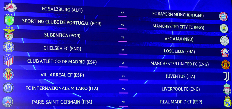 NYON: This handout picture shows the final result of the Champions League round of 16 draw at the UEFA headquarters in Nyon yesterday. - AFP n