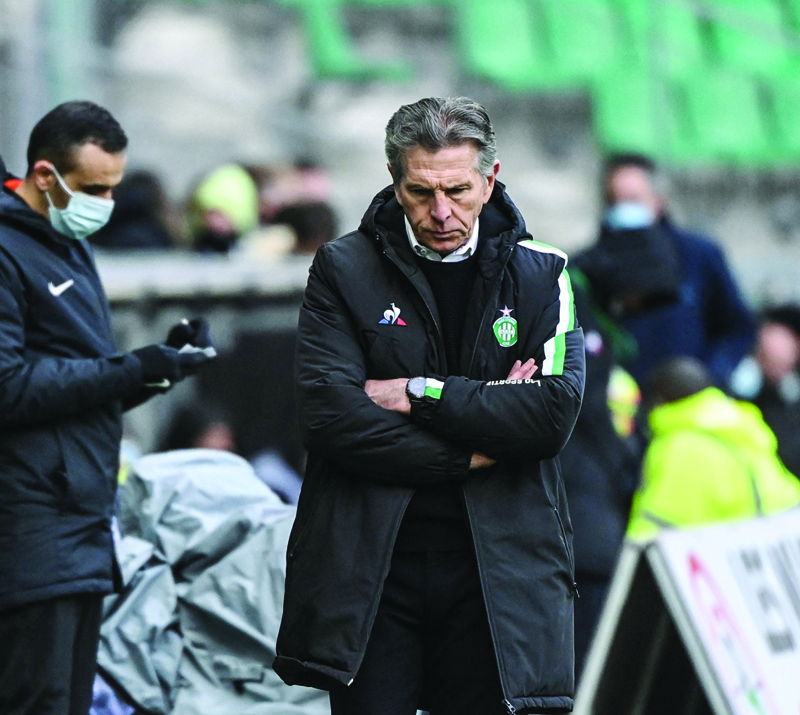 SAINT-ETIENNE: Saint-Etienne's French coach Claude Puel reacts during the French L1 football match between AS Saint-Etienne and Stade Rennais FC at the Geoffrey Guichard stadium Saint-Etienne, central France on December 5, 2021. - AFP n