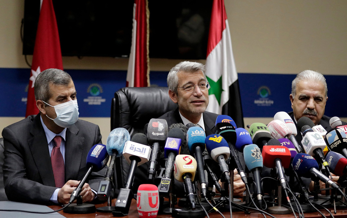 BEIRUT: Lebanon's Energy Minister Walid Fayad, Syria's Electricity Minister Ghassan Al-Zamil and Jordan's Minister of Energy and Mineral Resources Saleh Ali Hamed Al-Kharabsheh speak to the press during the signing of a deal that will supply Lebanon with electricity yesterday. – AFP