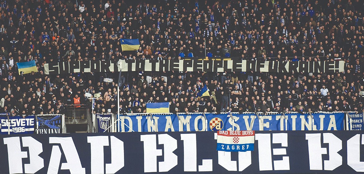 ZAGREB: Dinamo Zagreb supporters hold a banner in support of Ukraine during the UEFA Europa League football second leg match between Dinamo Zagreb and Sevilla FC at the Maksimir stadium on Feb 24, 2022. - AFP