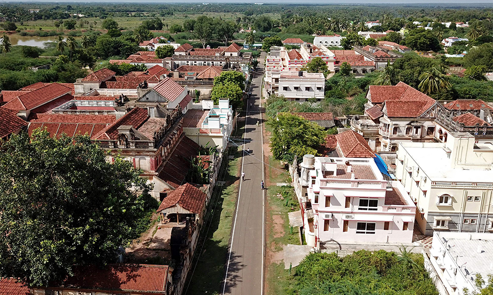 An aerial view shows mansions in Kanadukathan town in India’s Tamil Nadu state.