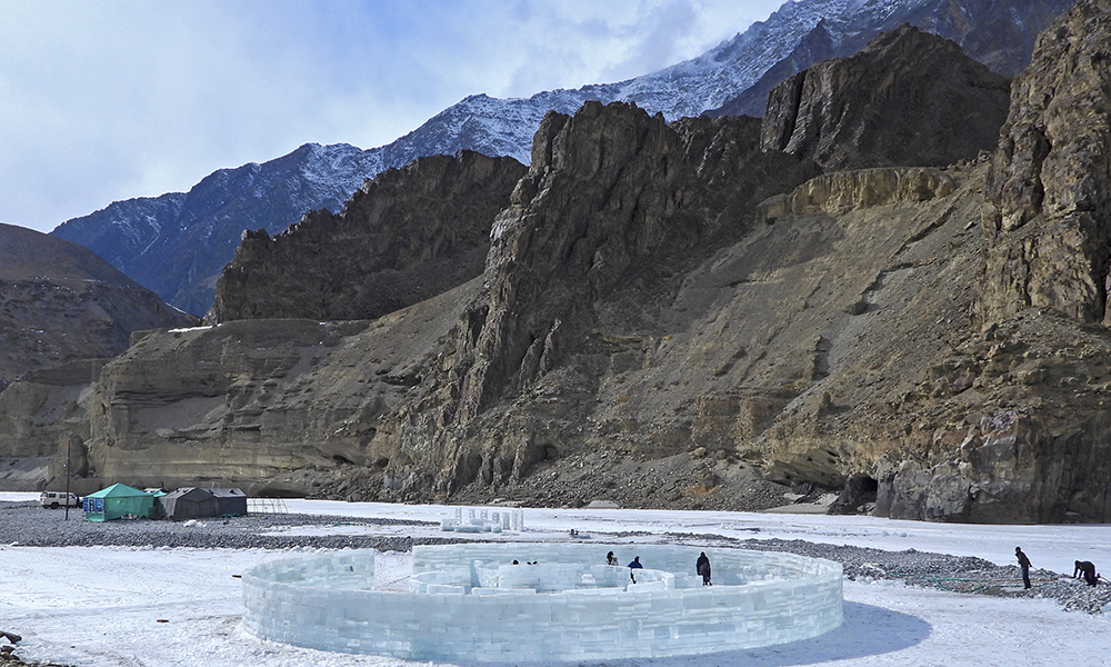 In this picture Kangsing, a group that performs ice and snow workshops, visits the “mini-colosseum” cafeteria in Chilling village in India’s northern region of Ladakh.