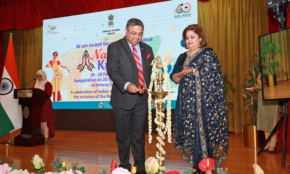 Indian Ambassador Sibi George inaugurates 'Namaste Kuwait' festival as Joice Sibi looks on.