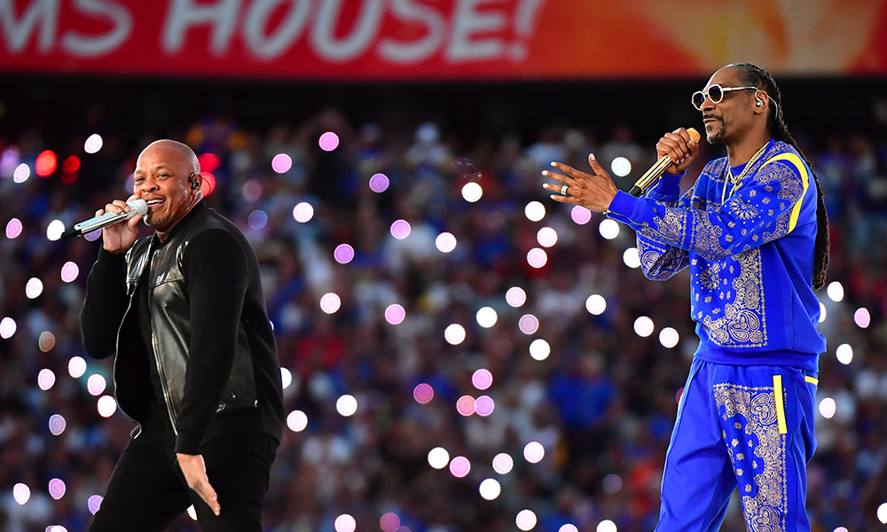 US rapper Dr Dre (left) and US rapper Snoop Dogg perform during the halftime show of Super Bowl LVI between the Los Angeles Rams and the Cincinnati Bengals at SoFi Stadium in Inglewood, California.