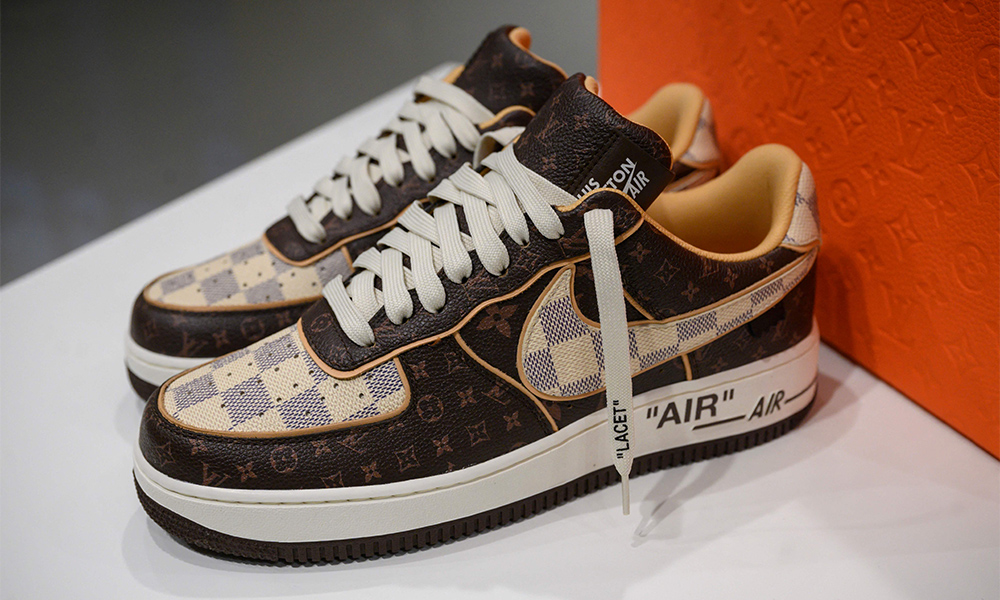 In this file photo a pair of Louis Vuitton-Nike sneakers is displayed at Sotheby’s in New York.