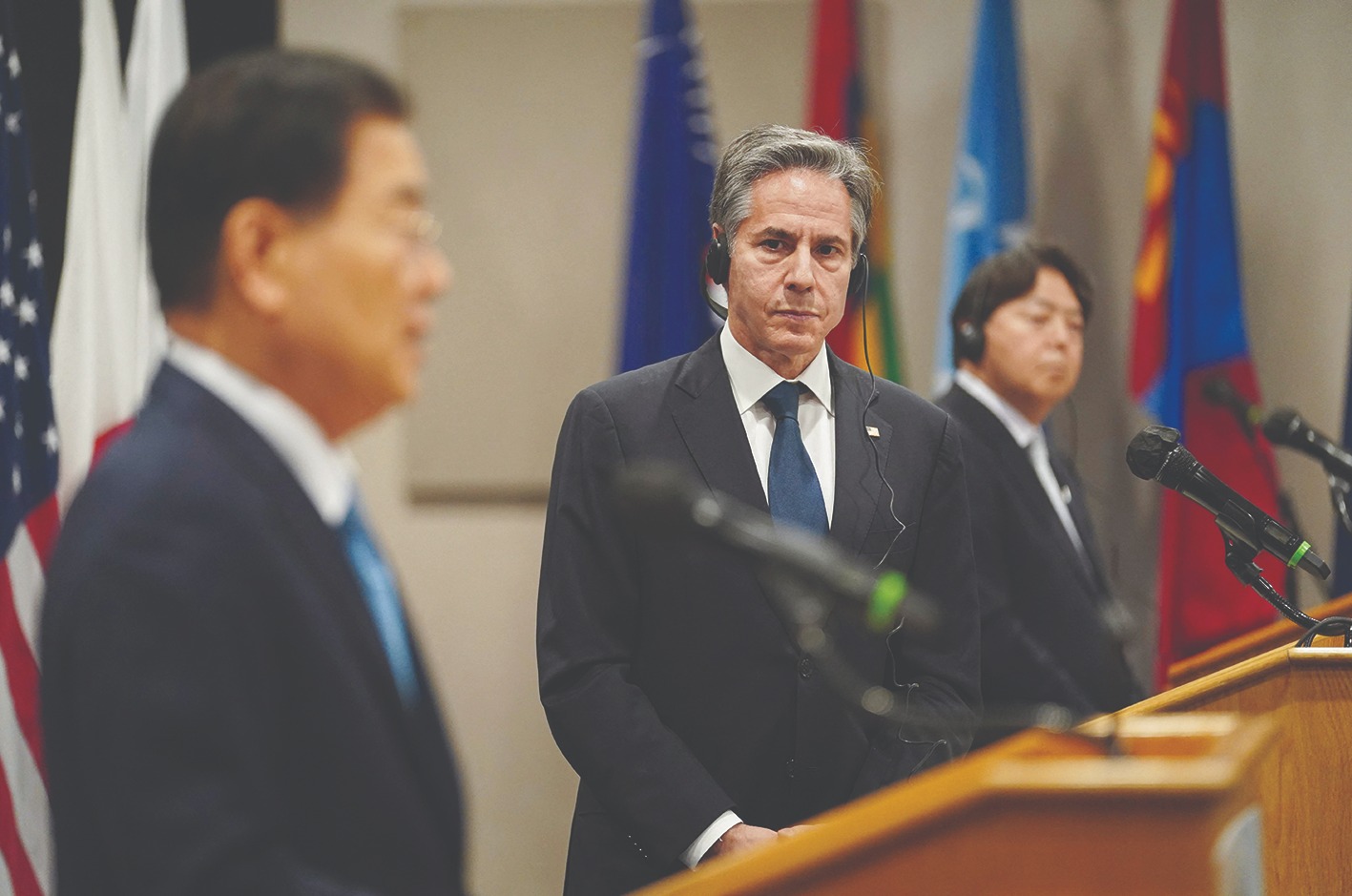 HONOLULU: US Secretary of State Antony Blinken (center) looks towards South Korean Foreign Minister Chung Eui-yong (left) during a joint press availability along Japanese Foreign Minister Yoshimasa Hayashi (right) following their meeting in Honolulu, Hawaii on Saturday.—AFP