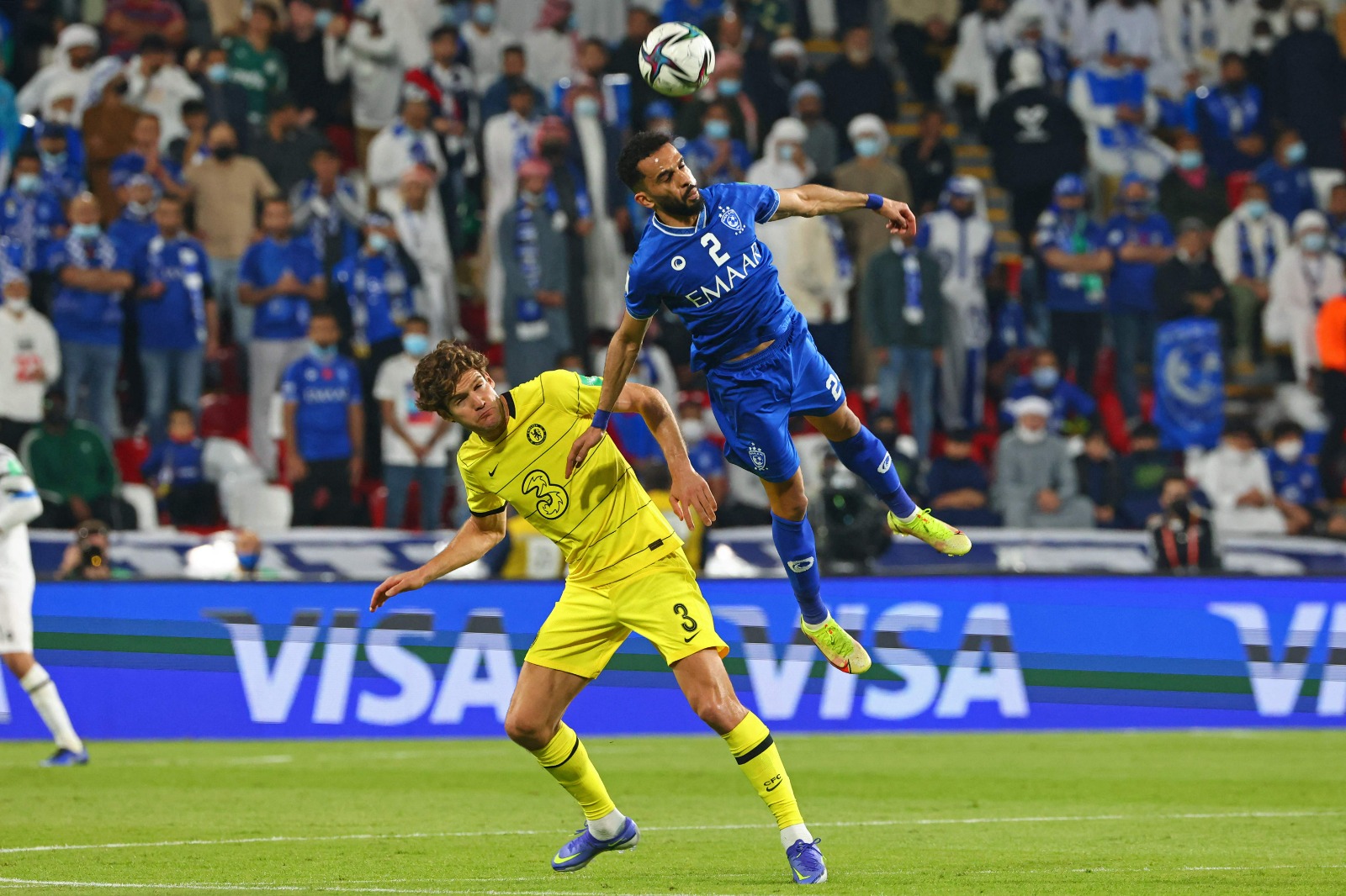 ABU DHABI: Hilal's defender Mohammed Al-Breik (right) vies for the ball with Chelsea's defender Marcos Alonso during the 2021 FIFA Club World Cup semifinal match at Mohammed Bin Zayed stadium yesterday. – AFP