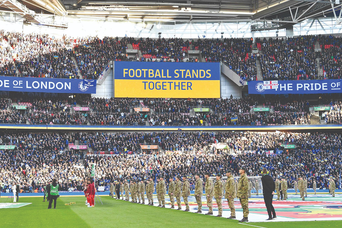 LONDON: A 'Football Stands Together' message is displayed in Ukrainian colors ahead of the English League Cup final football match between Chelsea and Liverpool at Wembley Stadium on Sunday. - AFP