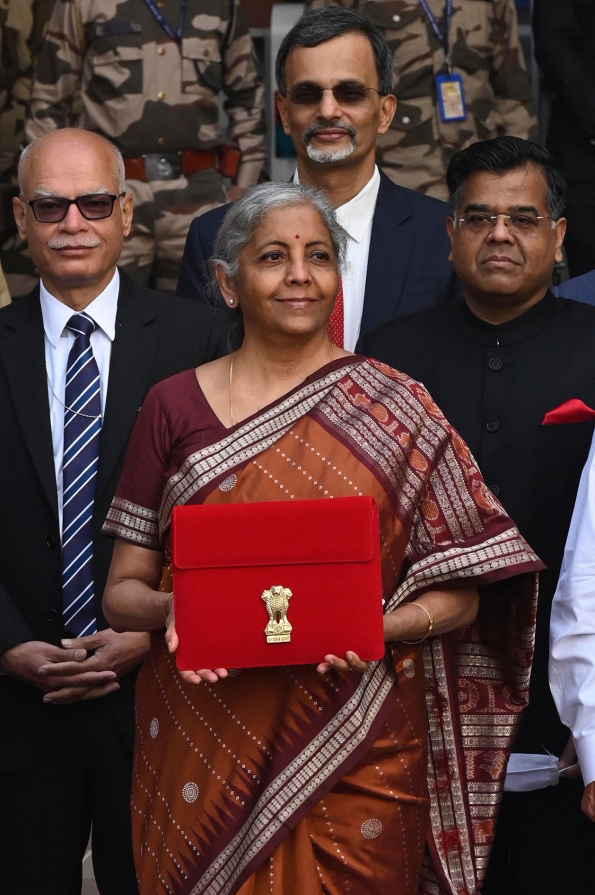NEW DELHI: India's Finance Minister Nirmala Sitharaman leaves the finance ministry to present the annual budget at the parliament yesterday. - AFP