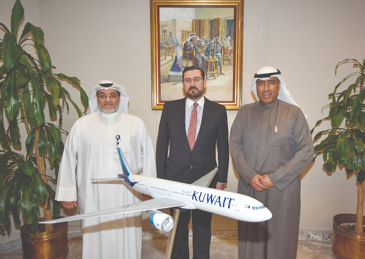 (From left) Kuwait Airways CEO Maen Razouqi, Spain's Ambassador Miguel Jose Aguilar and Kuwait Airways Chairman Ali Al-Dukhan.