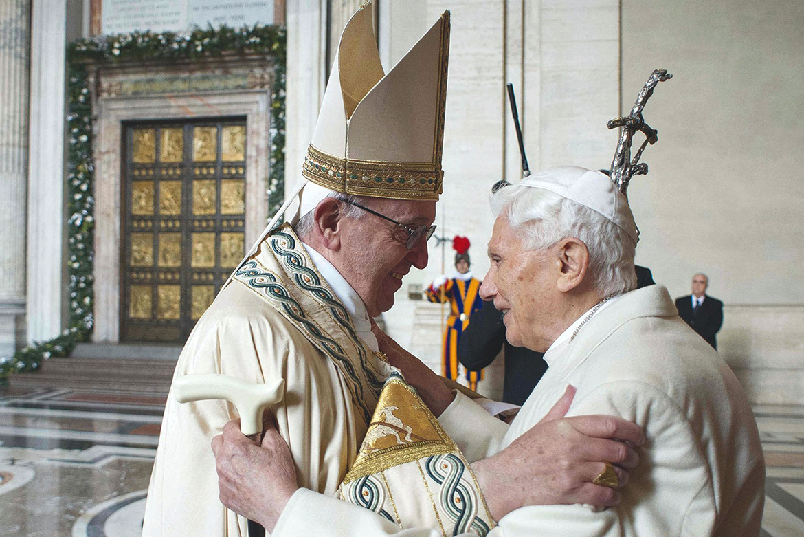VATICAN CITY: File picture shows Pope Francis (L) welcoming Pope emeritus Benedict XVI, on December 8, 2015 in Vatican. - AFP