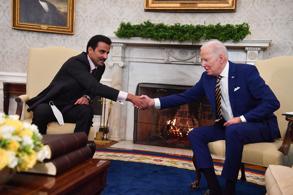 WASHINGTON: US President Joe Biden meets Qatari Amir Sheikh Tamim bin Hamad Al-Thani in the Oval Office of the White House on Monday. - AFP