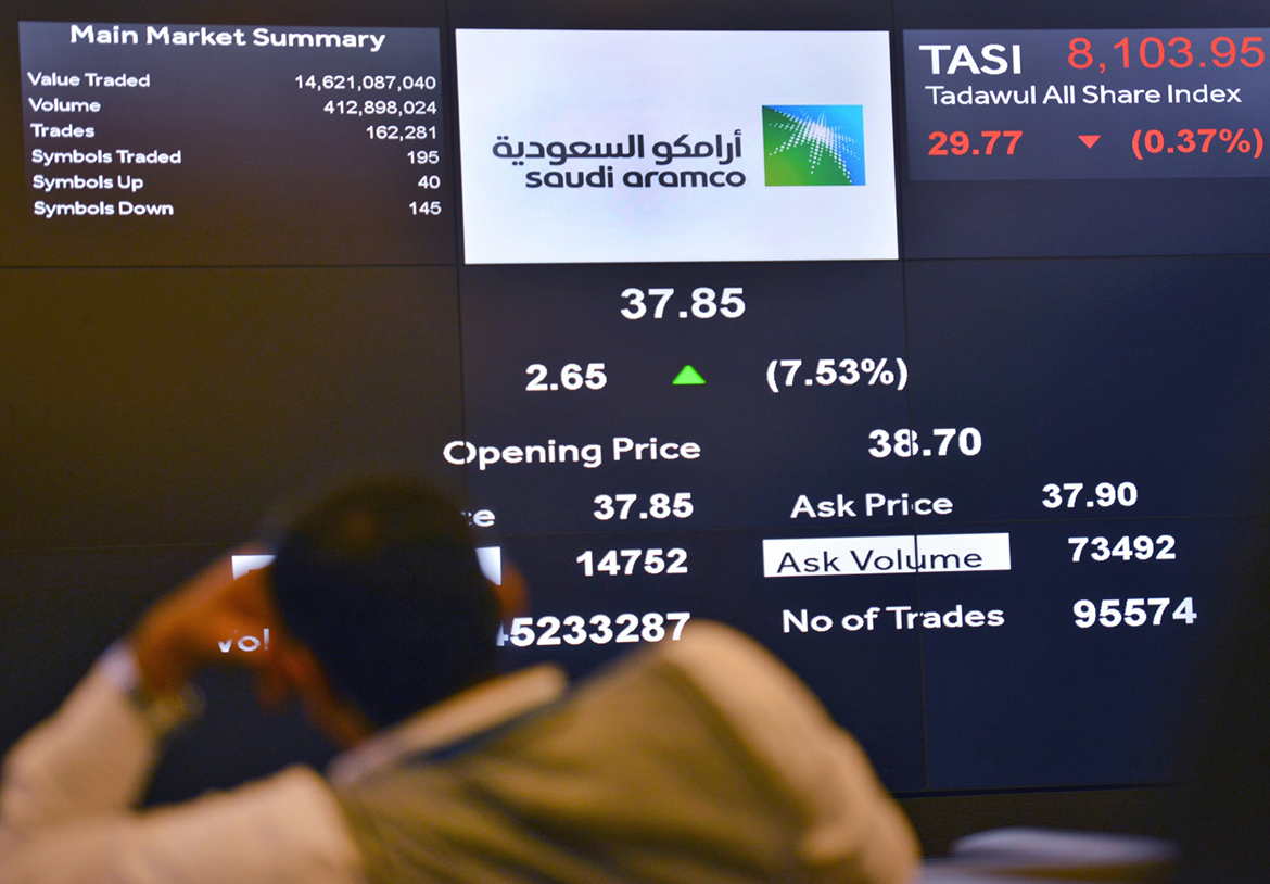 RIYADH: This file photo taken on Dec 12, 2019 shows a view of the exchange board at the stock exchange (Tadawul) bourse displaying Aramco shares on the second day of their trading. - AFP