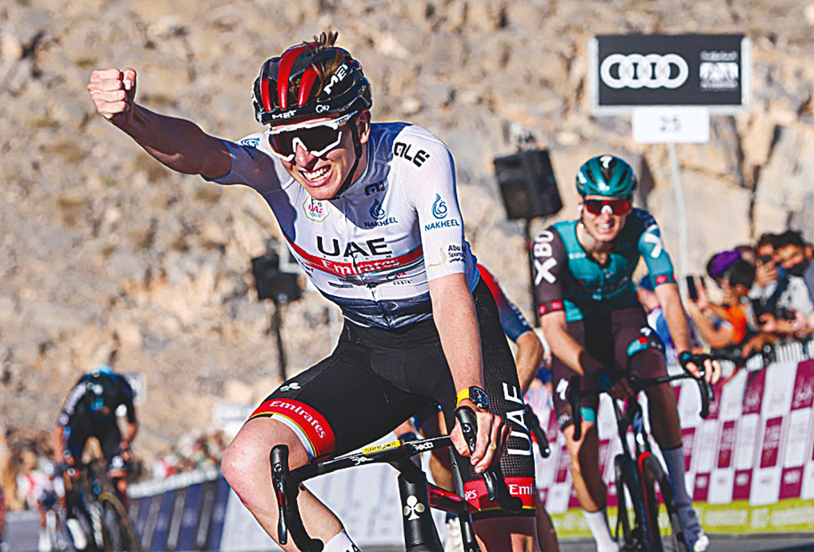 FUJAIRAH: UAE Team Emirates' cyclist Tadej Pogacar wins stage 4 of the United Arab Emirates cycling tour, from Fujairah Fort to Jebel Jais yesterday. - AFP