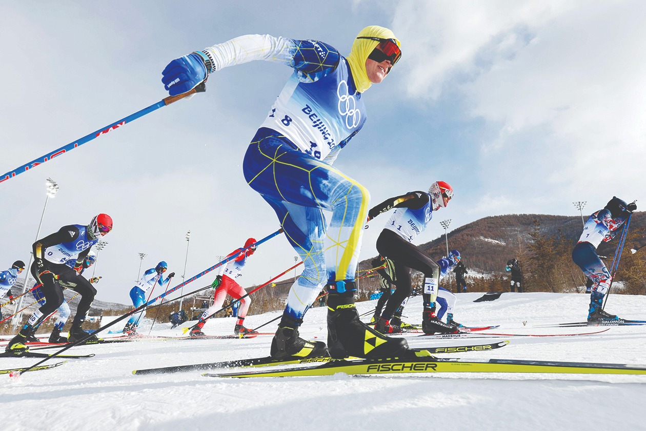 ZHANGJIAKOU, China: Sweden's Jens Burman competes in the men's 50km mass start free event, which was shortened to 30km due to high winds, yesterday. – AFP