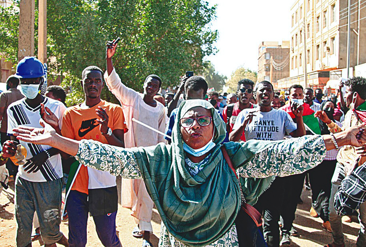 OMDOURMAN, Sudan: Sudanese protesters chant slogans as they march during a demonstration calling for civilian rule and denouncing the military administration, in the capital Khartoum's twin city of Umdurman. – AFP