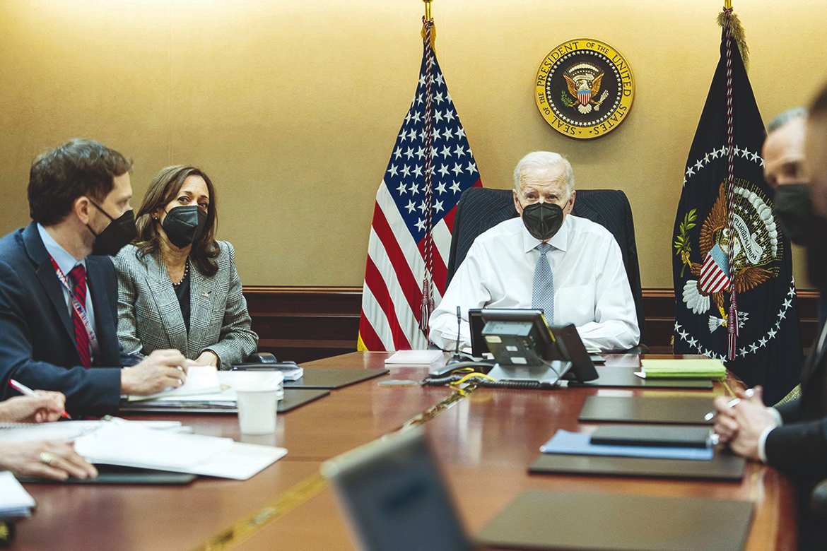US President Joe Biden and Vice President Kamala Harris, with the president's national security team in the Situation Room, monitor the counterterrorism operation in Syria in Washington yesterday.