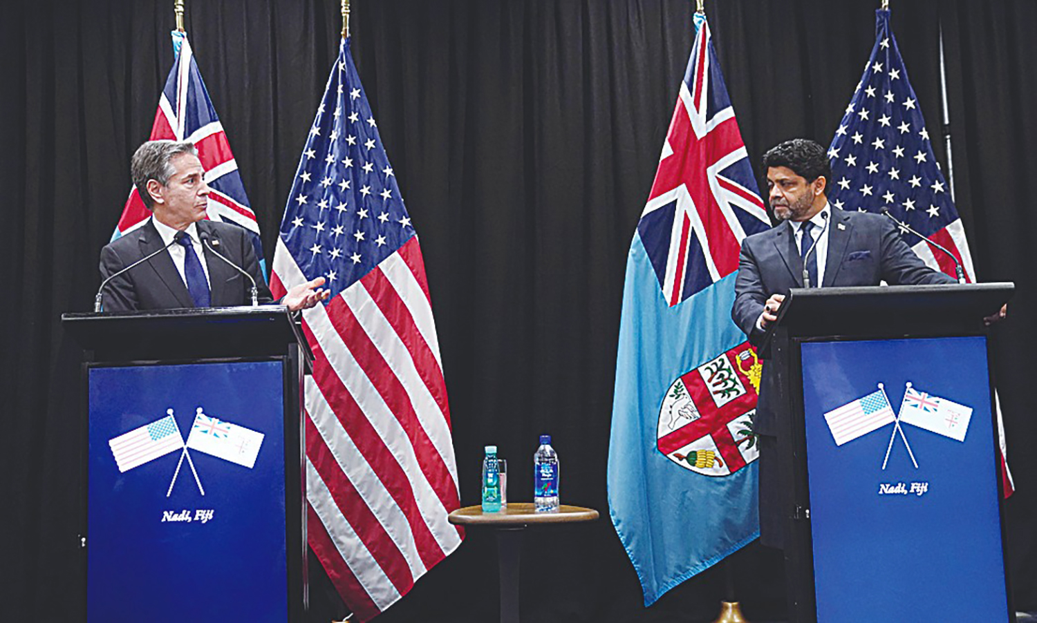 NADI, Fiji: US Secretary of State Antony Blinken (left) takes part in a joint press availability with Fiji's acting Prime Minister Aiyaz Sayed-Khaiyum in Nadi, Fiji yesterday. - AFP