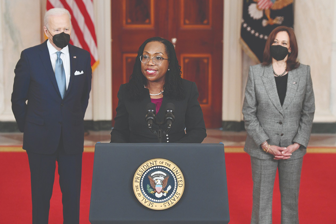 WASHINGTON: Judge Ketanji Brown Jackson, with US President Joe Biden and Vice President Kamala Harris, speaks after being nominated for the US Supreme Court at the White House on Friday. - AFP