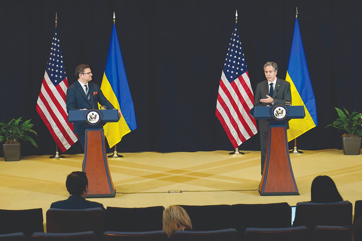 WASHINGTON:Secretary of State Antony Blinken (R) joined by Ukraine's Foreign Minister Dmytro Kuleba, speaks during a news conference at the State Department in Washington, DC. - AFP